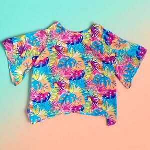 Ashley Stewart Plus Size 26/28 Bright Tropical Monstera Leaf Sharkbite Hem Top